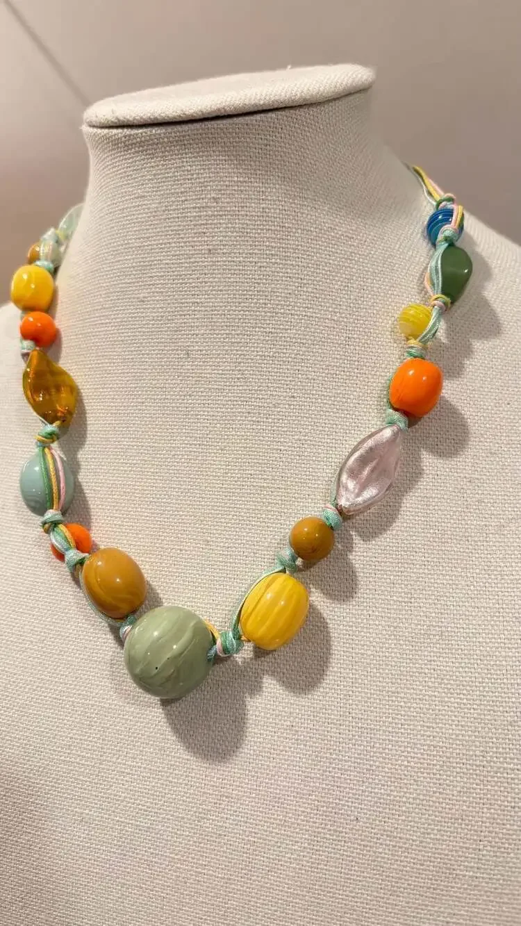 Bohemian Multi-Color Resin Glass Bead Statement Necklace Ribbon Cord